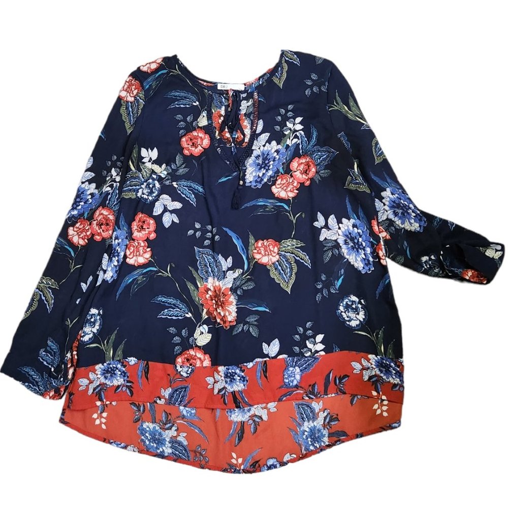 ❤️2/$18 Dr2 Blouse Flowy Floral Flowers Top Long sleeve Blue/Red Lightweight XL